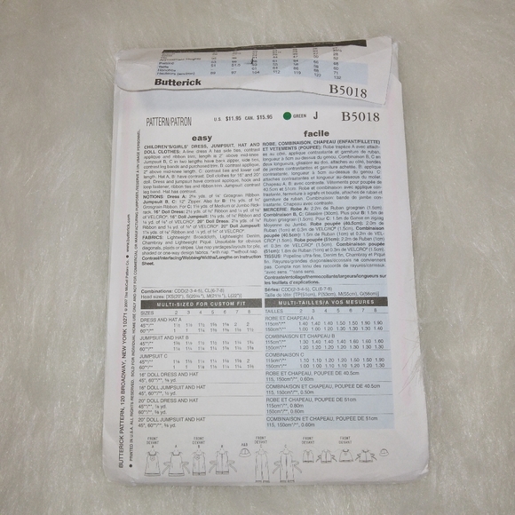 Butterick B5018 Dress, jumpsuit,  hat for child, Clothes for Cabbage Patch CPK - Picture 6 of 6